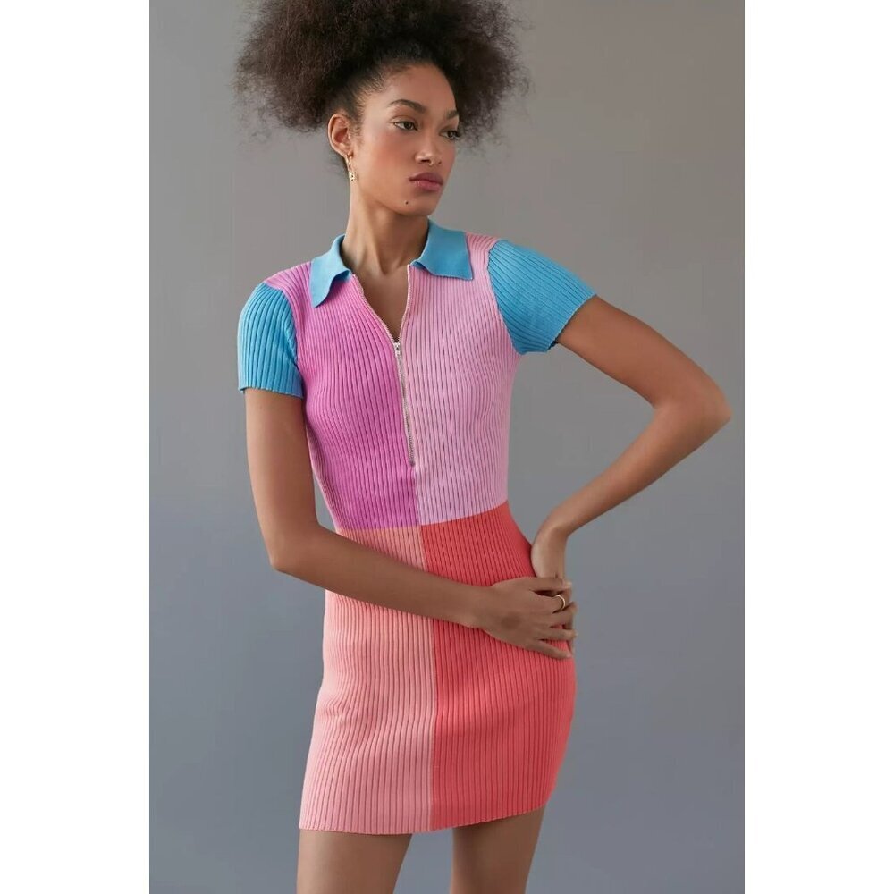 DEE ELLY Pink Colorblock Ribbed Knit Half Zip Mini Polo T-Shirt Dress, Size S